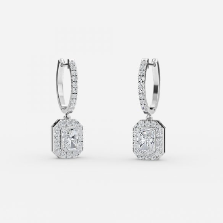 0.60ctw Radiant Diamond Halo Drop Earrings In 14K White Gold